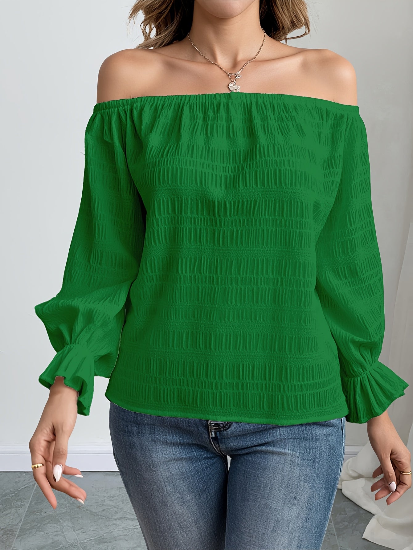Solid Color Casual Elegant Pleated Off-Shoulder Long Sleeve Shirt Summer Wear