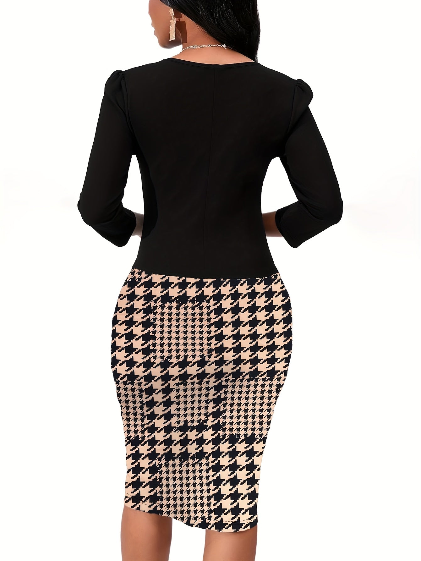 Women's Elegant Houndstooth Print Spliced Dress