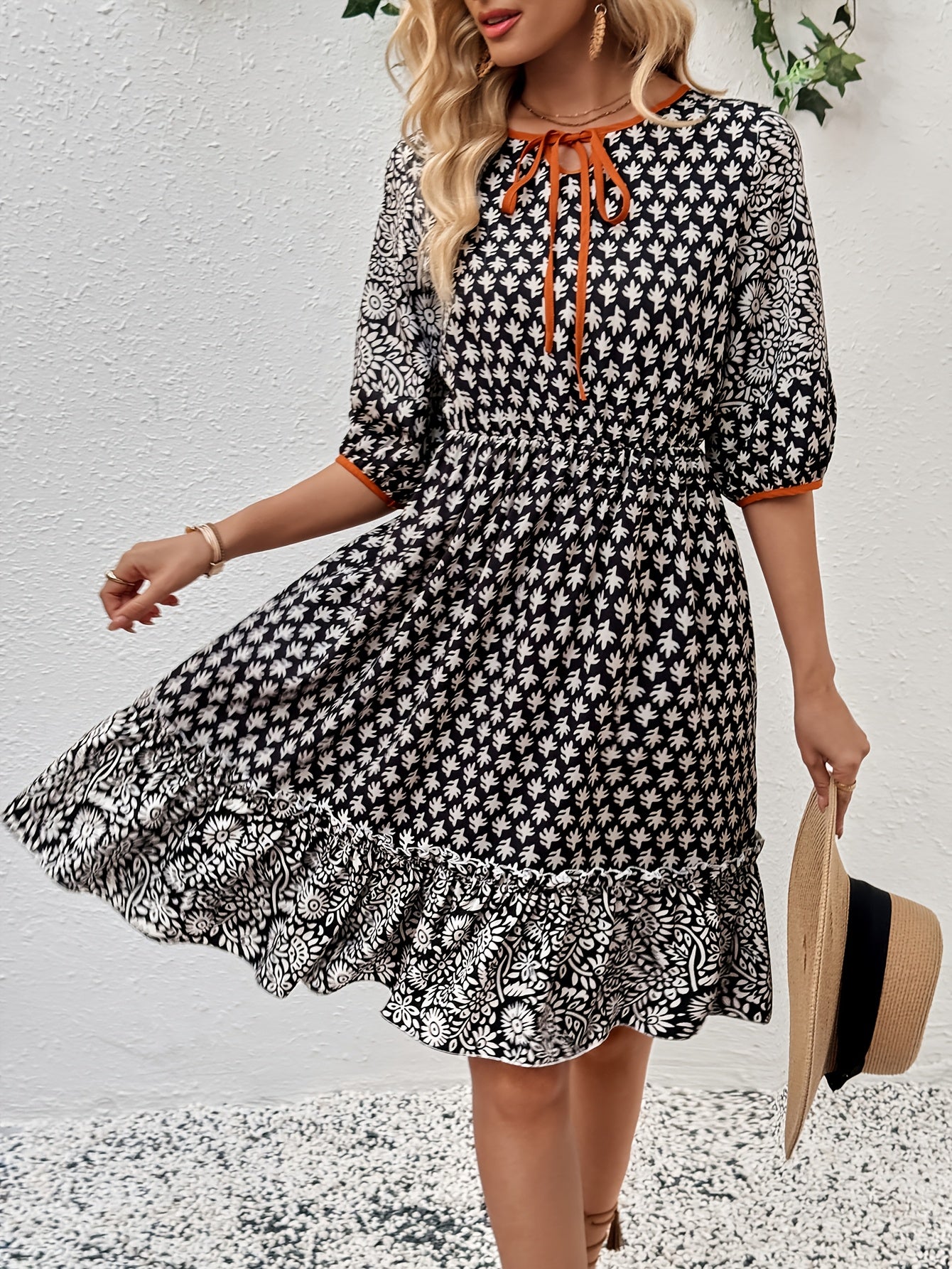 Summer Vacation Casual Mid-Sleeve Printed Pleated Elegant Dress