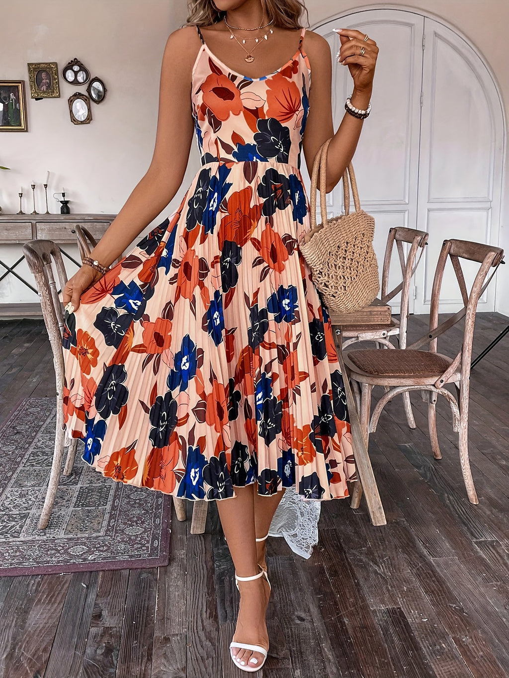 Summer Vacation Women's Printed Design Pleated Hem Camisole Dress