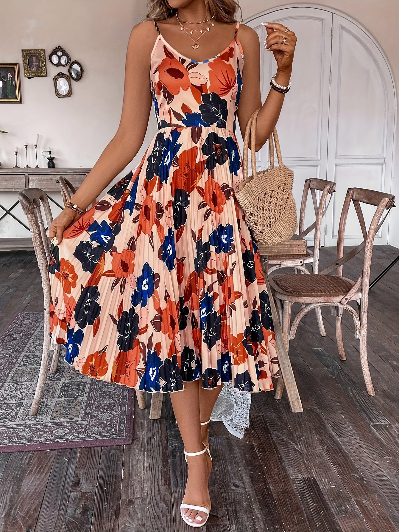 Summer Vacation Women's Printed Design Pleated Hem Camisole Dress
