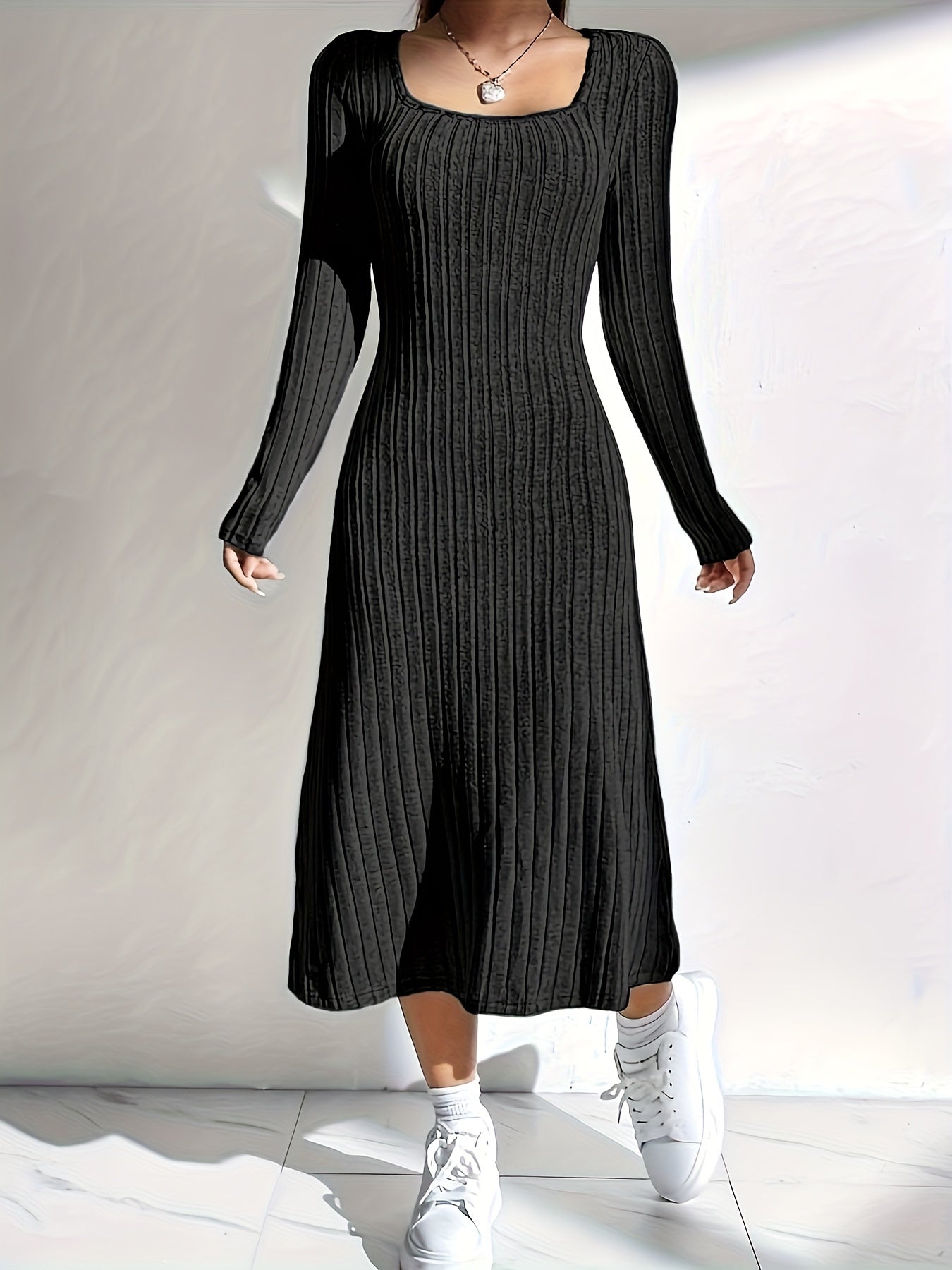 Square Neck Long Sleeve Dress - Elegant Solid Color Mermaid Knit Midi Dress For Spring & Fall - Women's Clothing - For Women - Suitable for Parties & Casual Occasions - Perfect Gift for Her