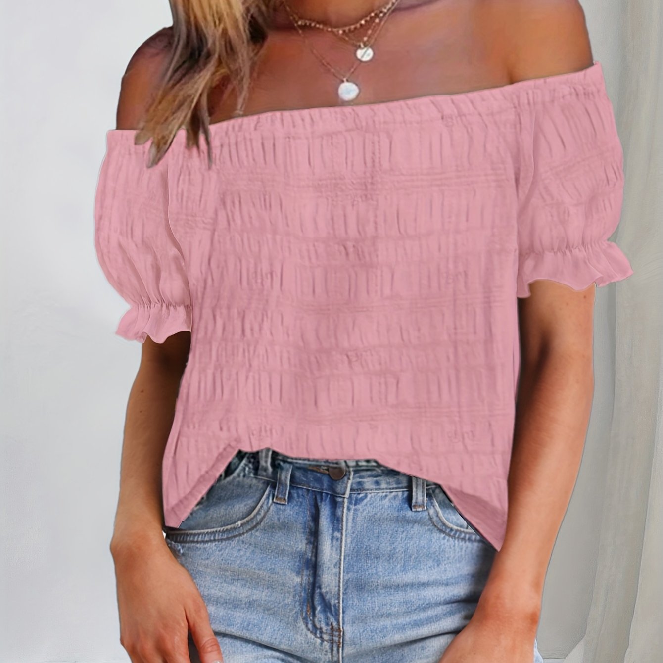 French Elegant Women's Casual Pleated Off-the-Shoulder Short Sleeve Top Summer Dress