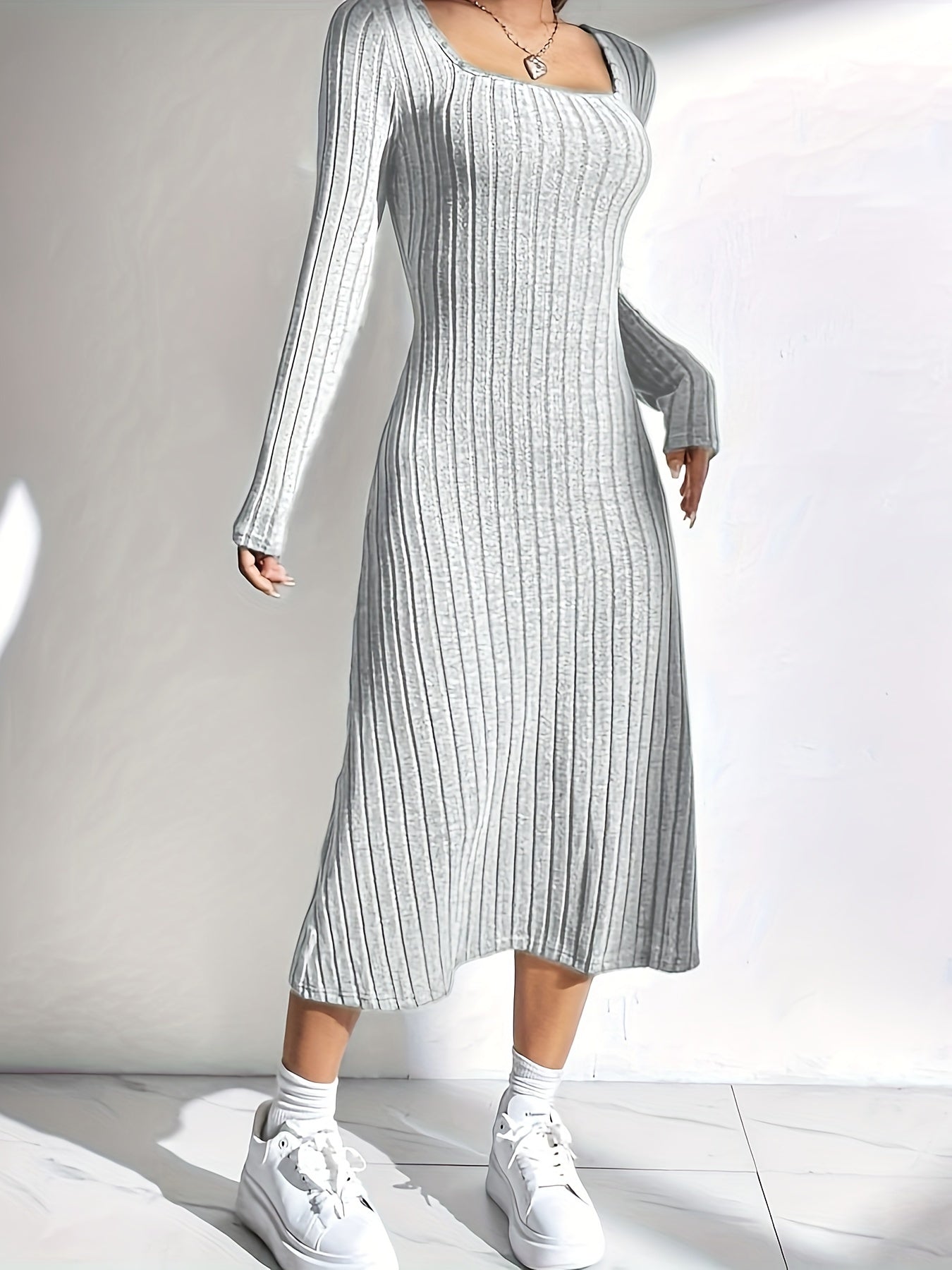 Square Neck Long Sleeve Dress - Elegant Solid Color Mermaid Knit Midi Dress For Spring & Fall - Women's Clothing - For Women - Suitable for Parties & Casual Occasions - Perfect Gift for Her