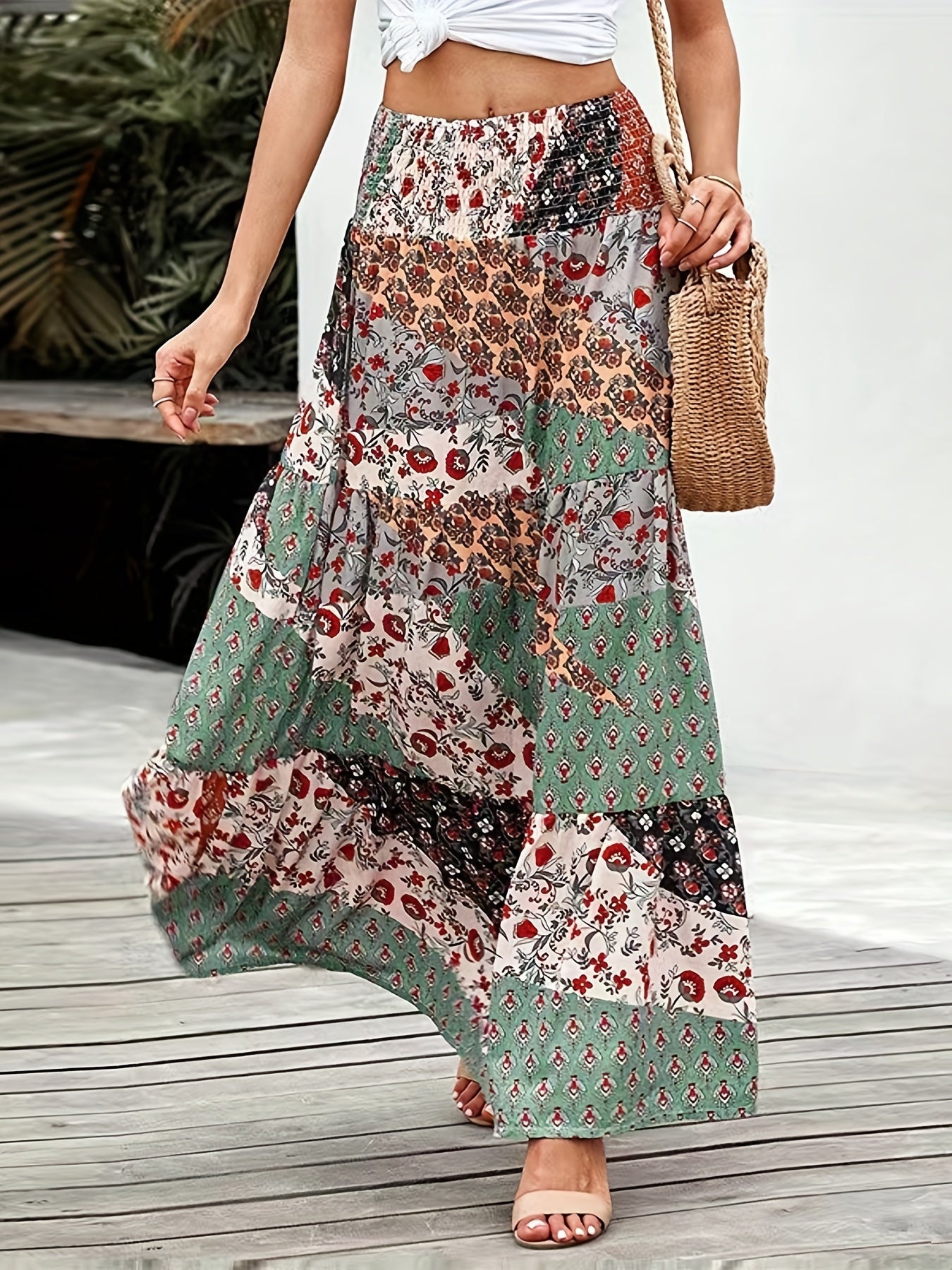 Floral Patchwork Print Shirred Waist Skirt, Boho Skirt For Spring & Summer, Women's Clothing
