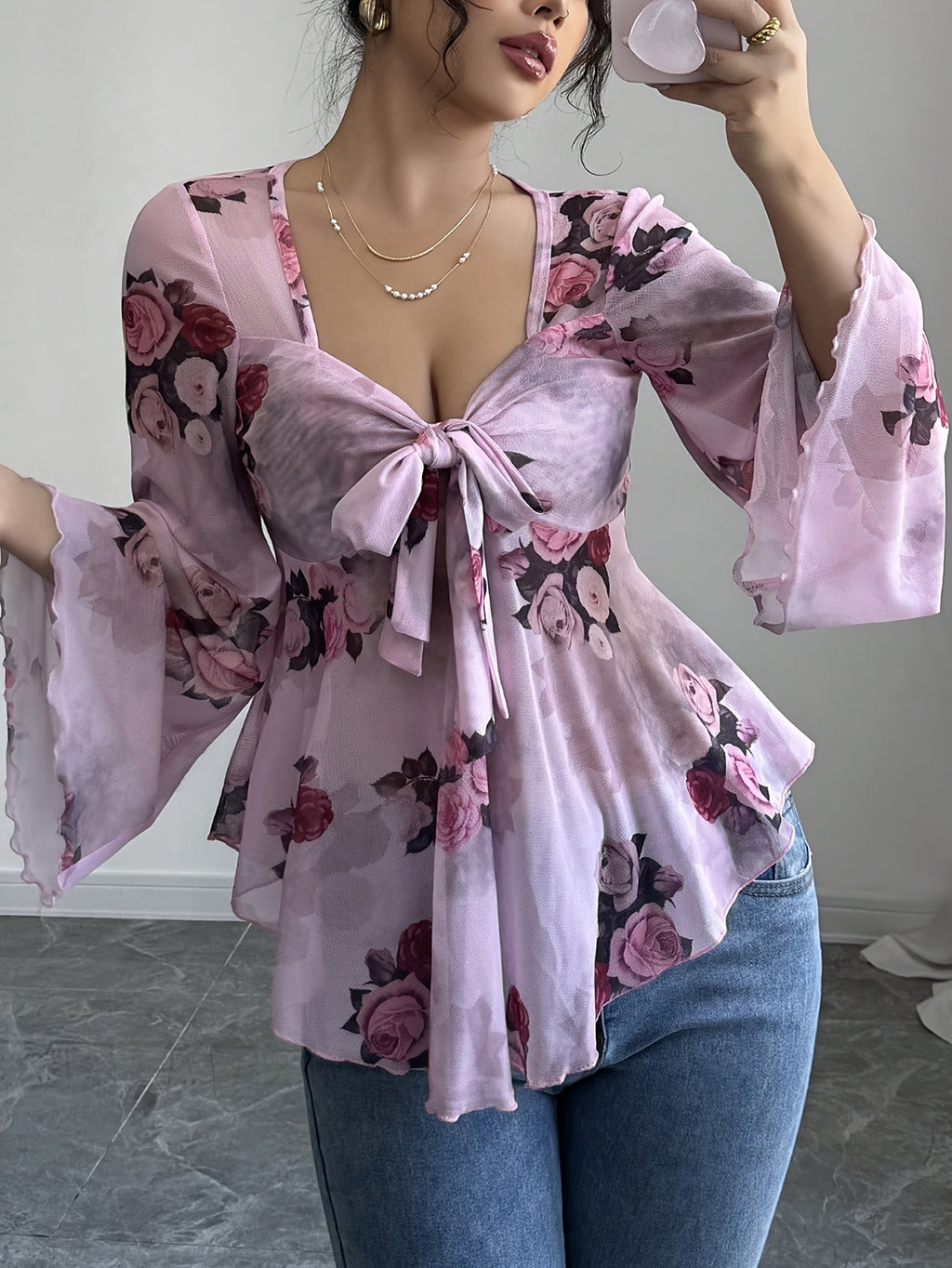 French-Style Casual Sexy Vacation Semi-Sheer Floral Bow Ruffled Long-Sleeve Women'S Top for Summer