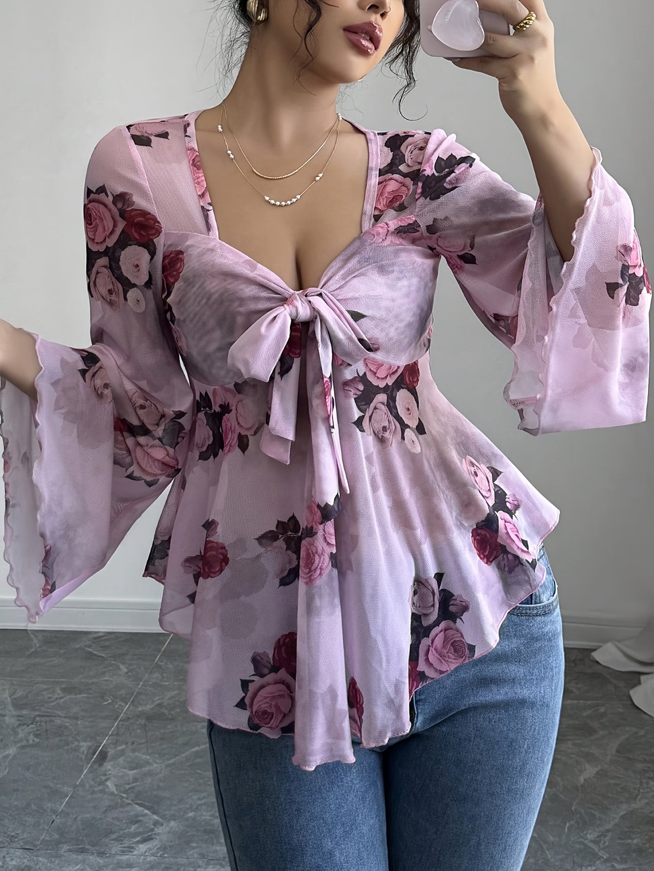 French-Style Casual Sexy Vacation Semi-Sheer Floral Bow Ruffled Long-Sleeve Women'S Top for Summer