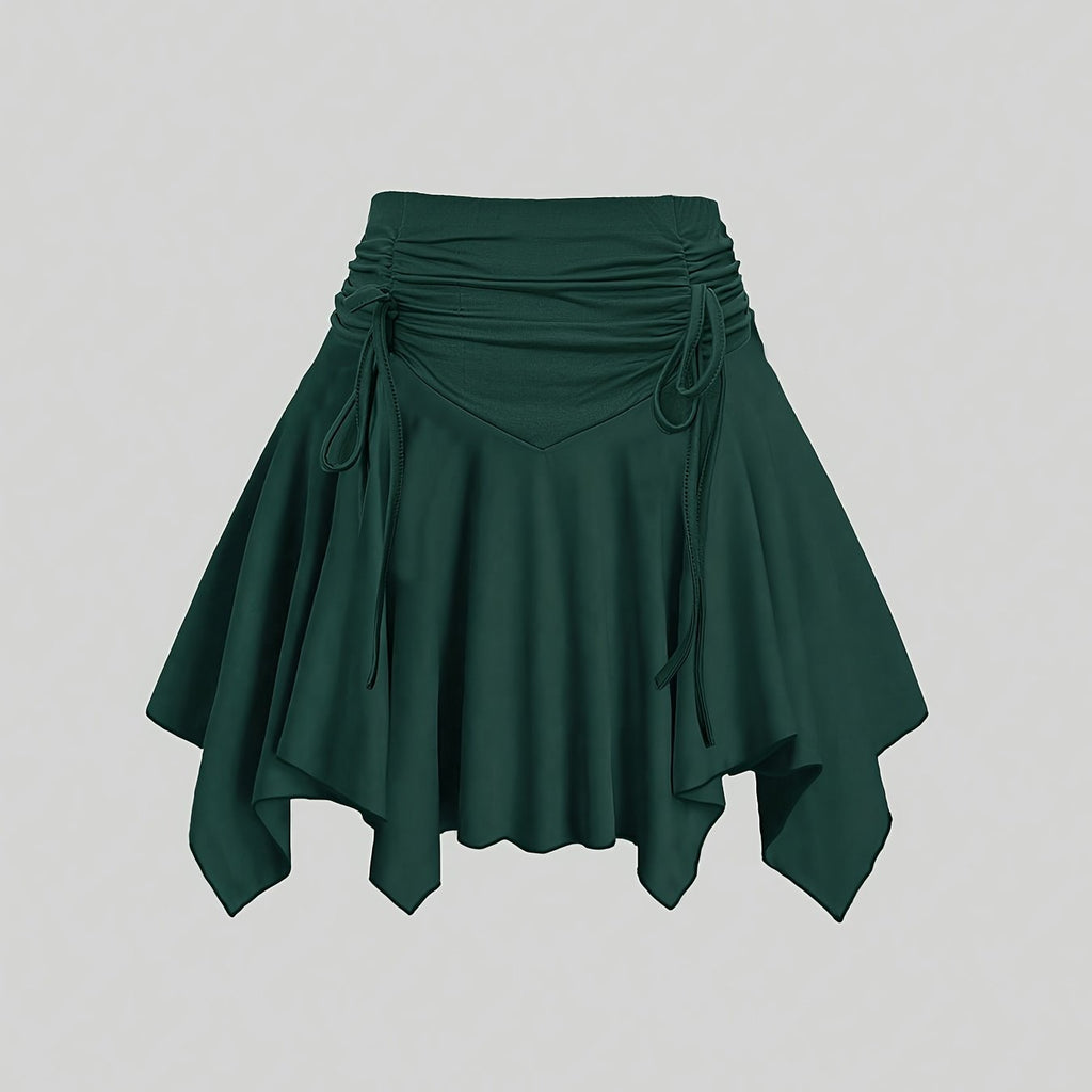 Women's Elegant High-Waist Pleated Mini Skirt with Asymmetrical Hem - Dark Green, A-Line Silhouette, Faux Drawstring Detail, Stretchy & Machine Washable for Spring\u002FSummer, Casual Wear | Smooth Texture