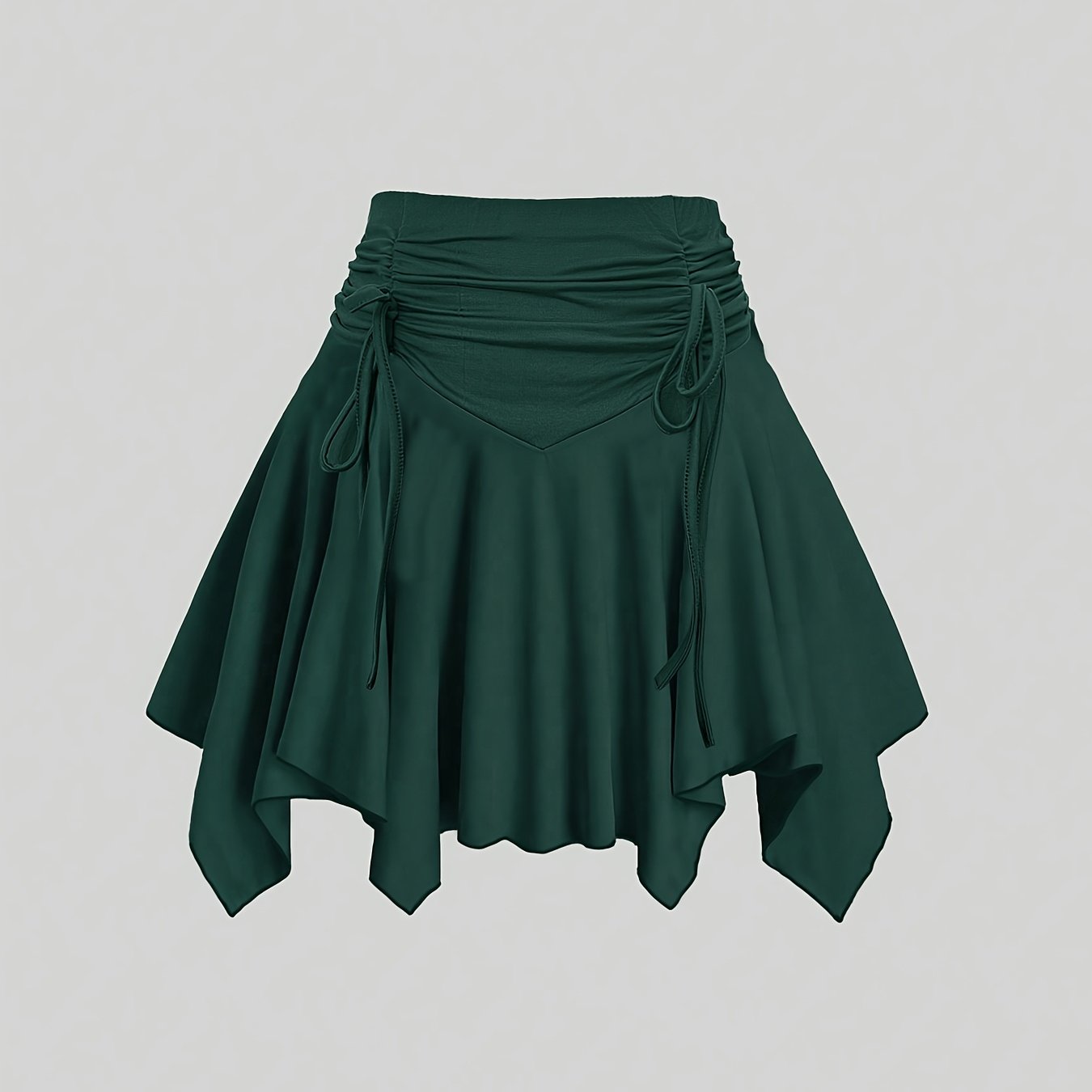 Women's Elegant High-Waist Pleated Mini Skirt with Asymmetrical Hem - Dark Green, A-Line Silhouette, Faux Drawstring Detail, Stretchy & Machine Washable for Spring\u002FSummer, Casual Wear | Smooth Texture