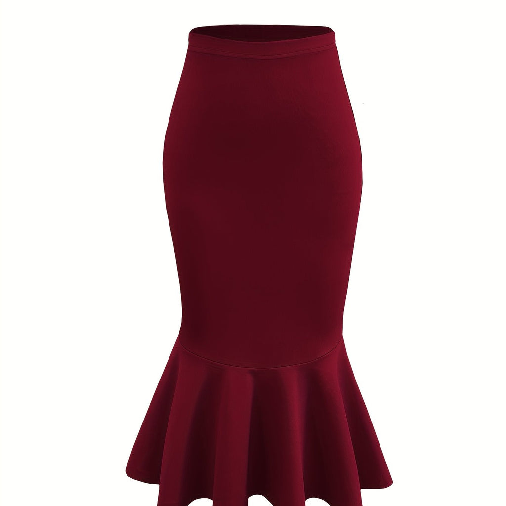 Women's High-Waisted Stretchy Mermaid Skirt - Elegant Ruffled Hem A-Line Pencil Skirt, Solid Color Machine Washable Slim Fit for Spring\u002FSummer Casual & Formal Wear, Formal Attire, Fish Tail Style, Nontransparent Fabric