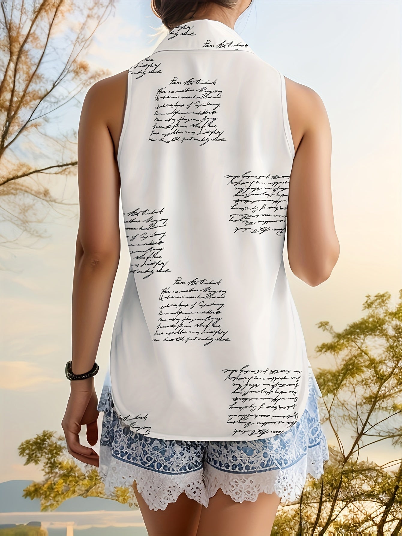 Letter Print Single-breasted Blouse, Casual Collared Sleeveless Blouse For Spring & Summer, Women's Clothing
