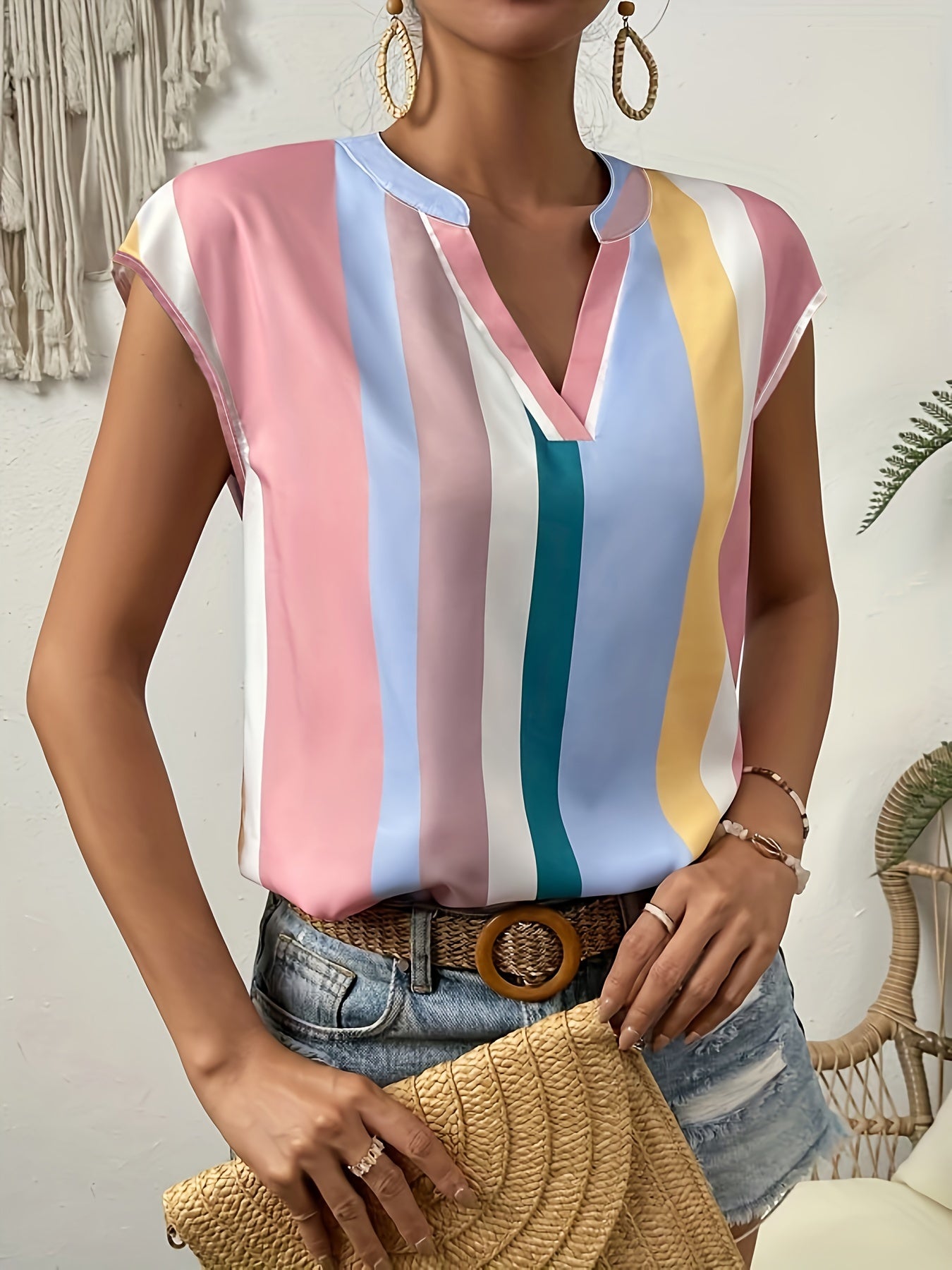 Women's Casual V-Neck T-Shirt with Striped Print - Breathable Polyester, Machine Washable - Perfect for Summer, Leisure Style, Conventional Version, Xia