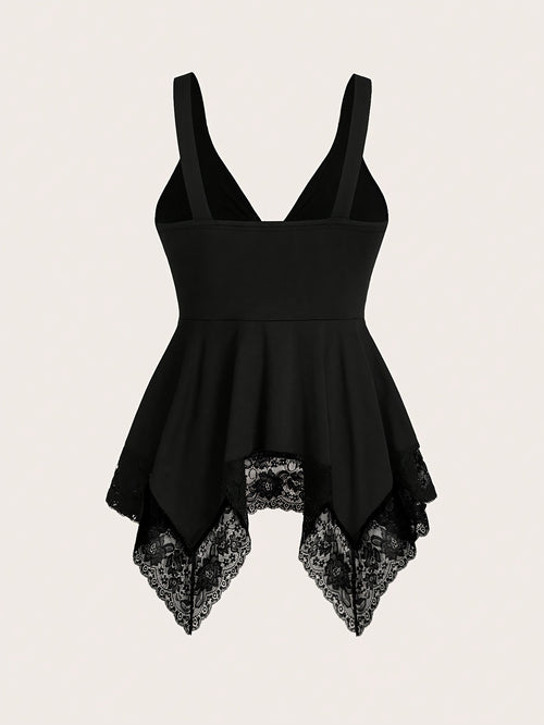1pc Elegant Lace-Trimmed V-Neck Camisole with Thick Straps - Sexy French Style Knitted Top for Women, Polyester, All Seasons