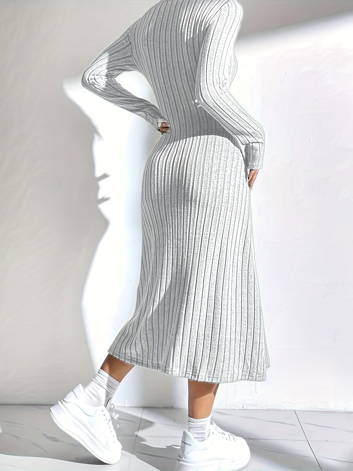 Square Neck Long Sleeve Dress - Elegant Solid Color Mermaid Knit Midi Dress For Spring & Fall - Women's Clothing - For Women - Suitable for Parties & Casual Occasions - Perfect Gift for Her