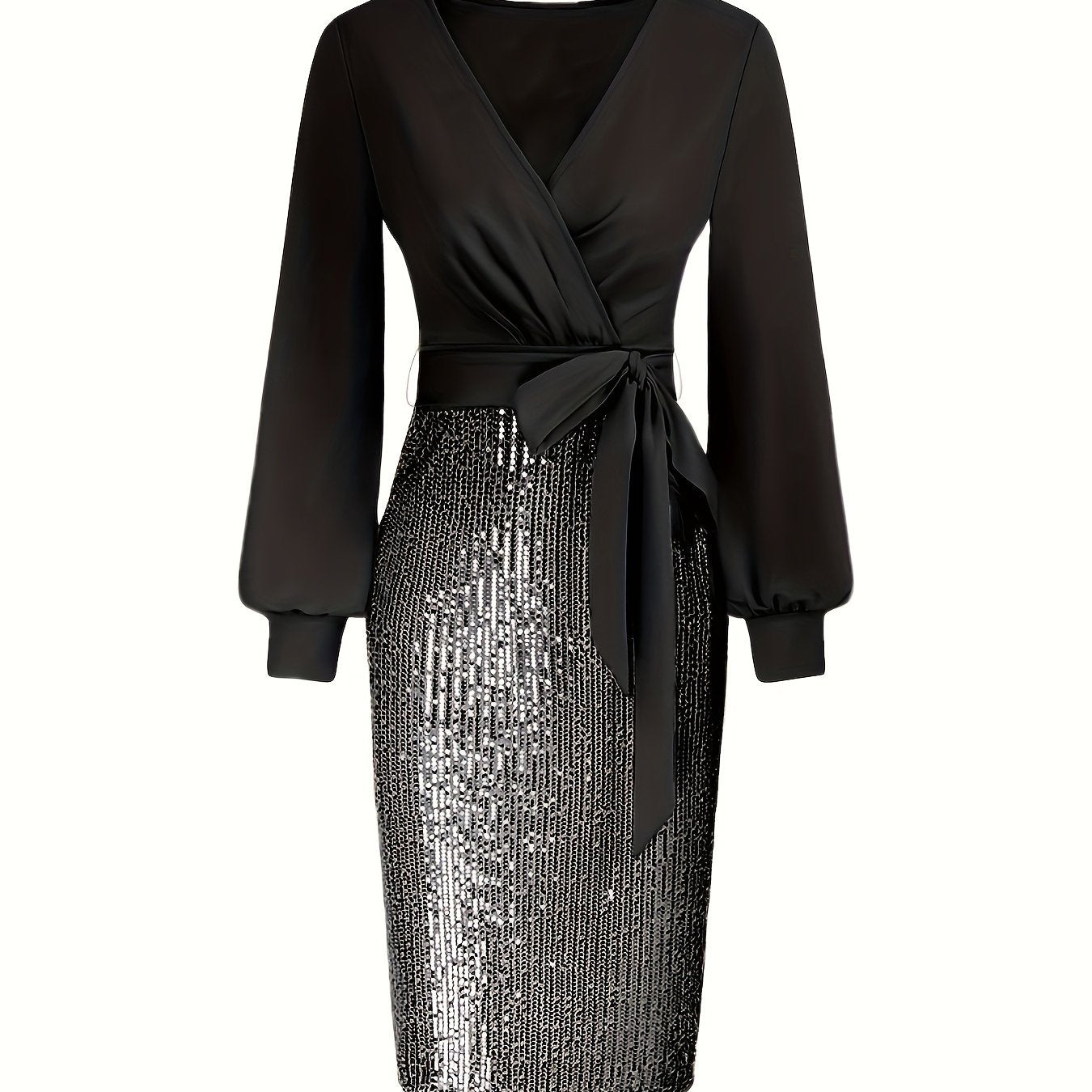 Elegant Black Sequin Bodycon Dress with Deep V-Neck and Long Sleeves - Perfect for Formal Events and Parties, Party Dress | Sequin Embellished Dress | Sleek Fit Dress