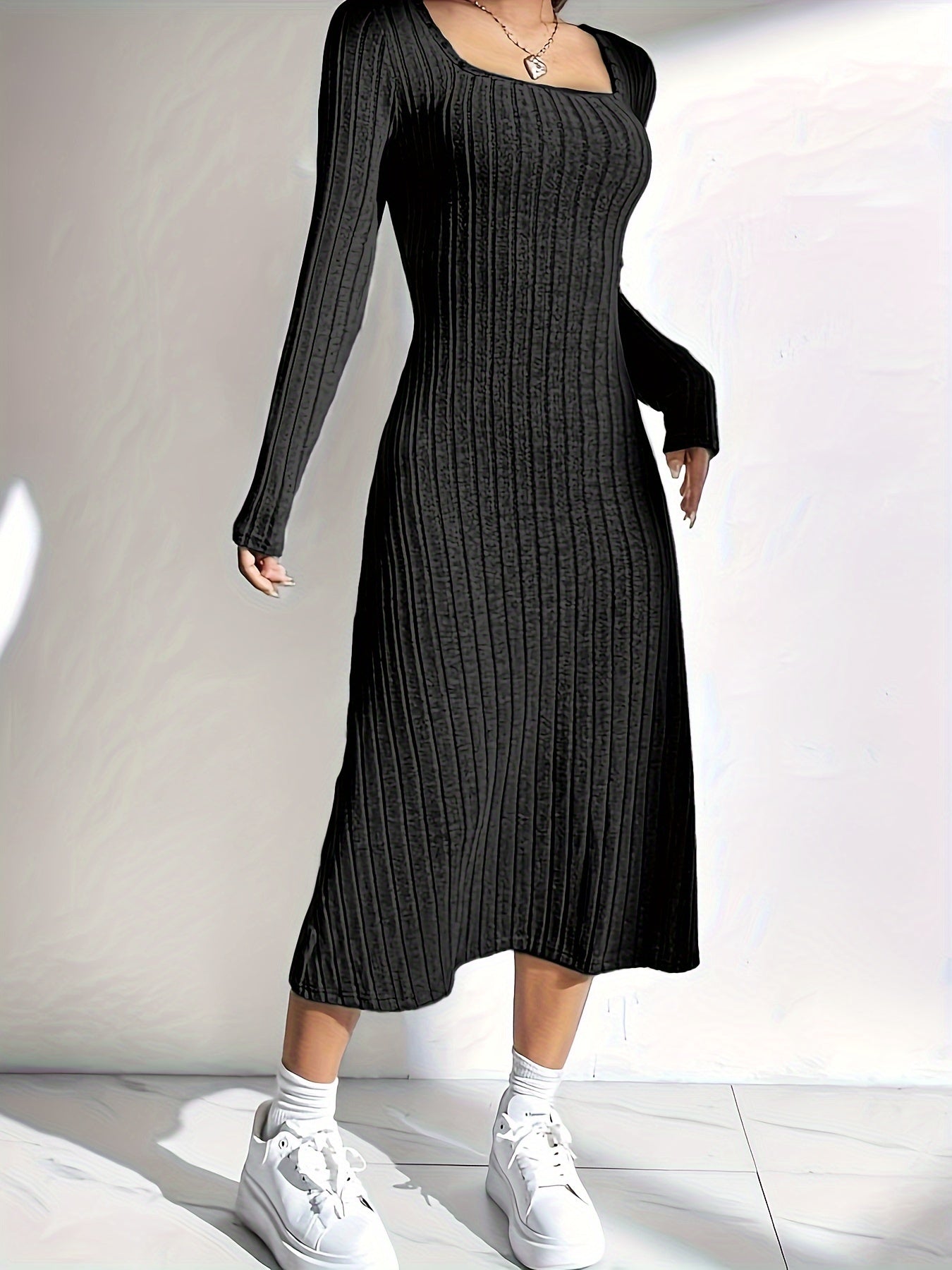 Square Neck Long Sleeve Dress - Elegant Solid Color Mermaid Knit Midi Dress For Spring & Fall - Women's Clothing - For Women - Suitable for Parties & Casual Occasions - Perfect Gift for Her