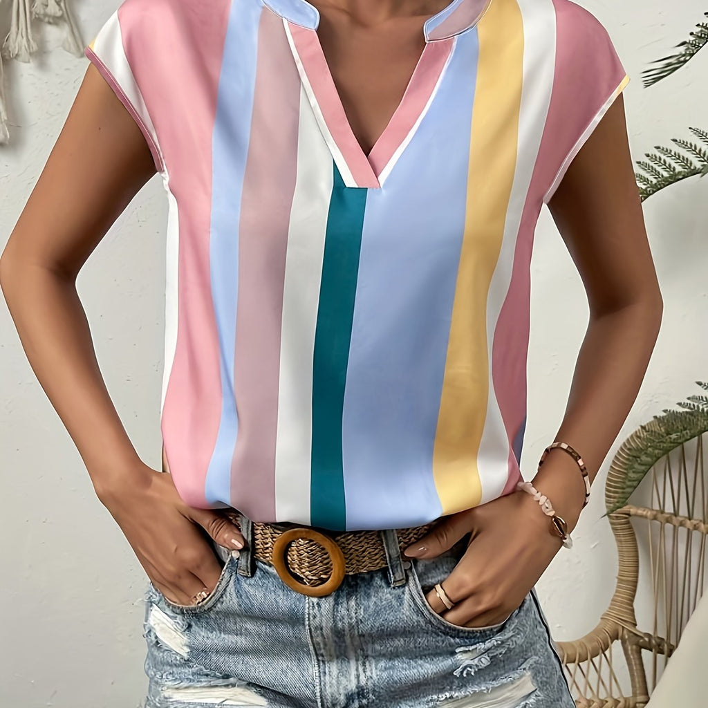 Women's Casual V-Neck T-Shirt with Striped Print - Breathable Polyester, Machine Washable - Perfect for Summer, Leisure Style, Conventional Version, Xia