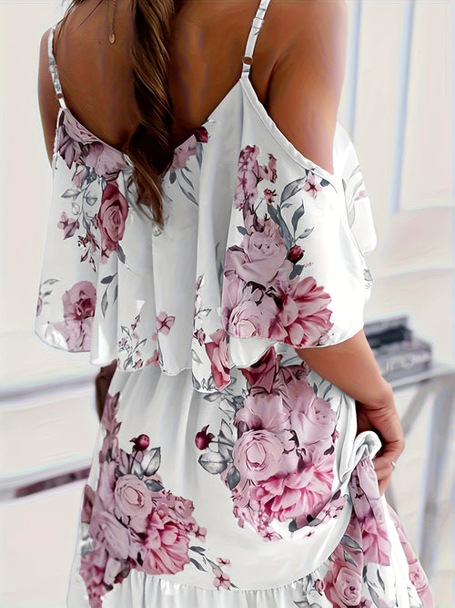 Autumn Sweet Floral Spaghetti Strap One-Shoulder Ruffle Hem Short Chiffon Fairy Dress New Arrival