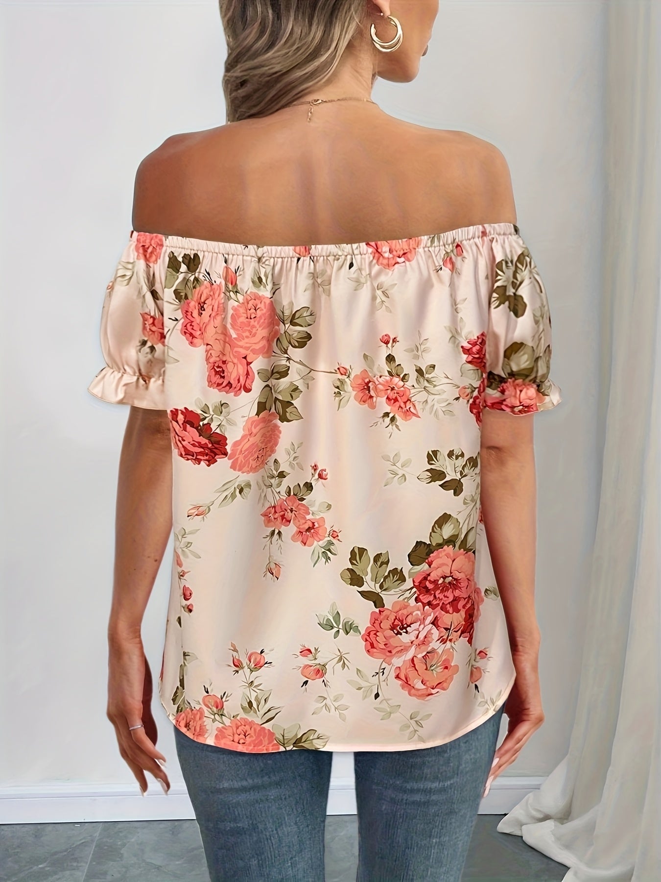 Women's French-Inspired Off-the-Shoulder Top - Elegant Ruffled Short Sleeve Blouse with Floral Print, Lightweight 100% Polyester, Machine Washable for Spring\u002FSummer Casual & Semi-Formal Outfits
