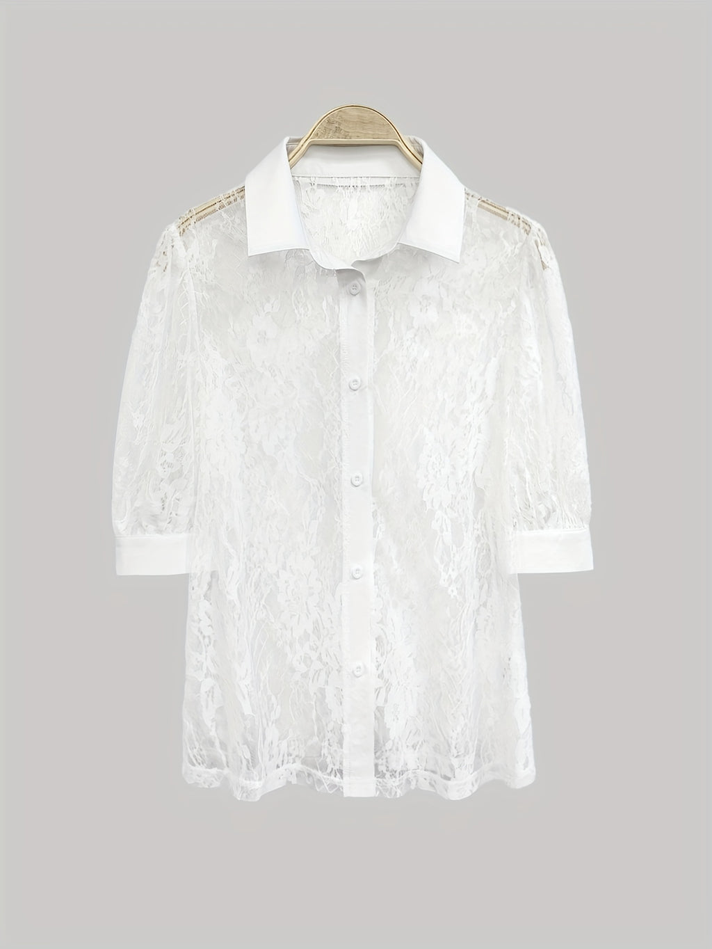 Women's Elegant Summer Short Sleeve Blouse - Semi-Sheer Lace Panel & Floral Cut-Out Design, Lightweight Breathable Fabric, Classic Collar Regular Fit Casual Chic Top for Spring\u002FSummer, Floral Print Blouse, Casual Attire, Delicate Fabric