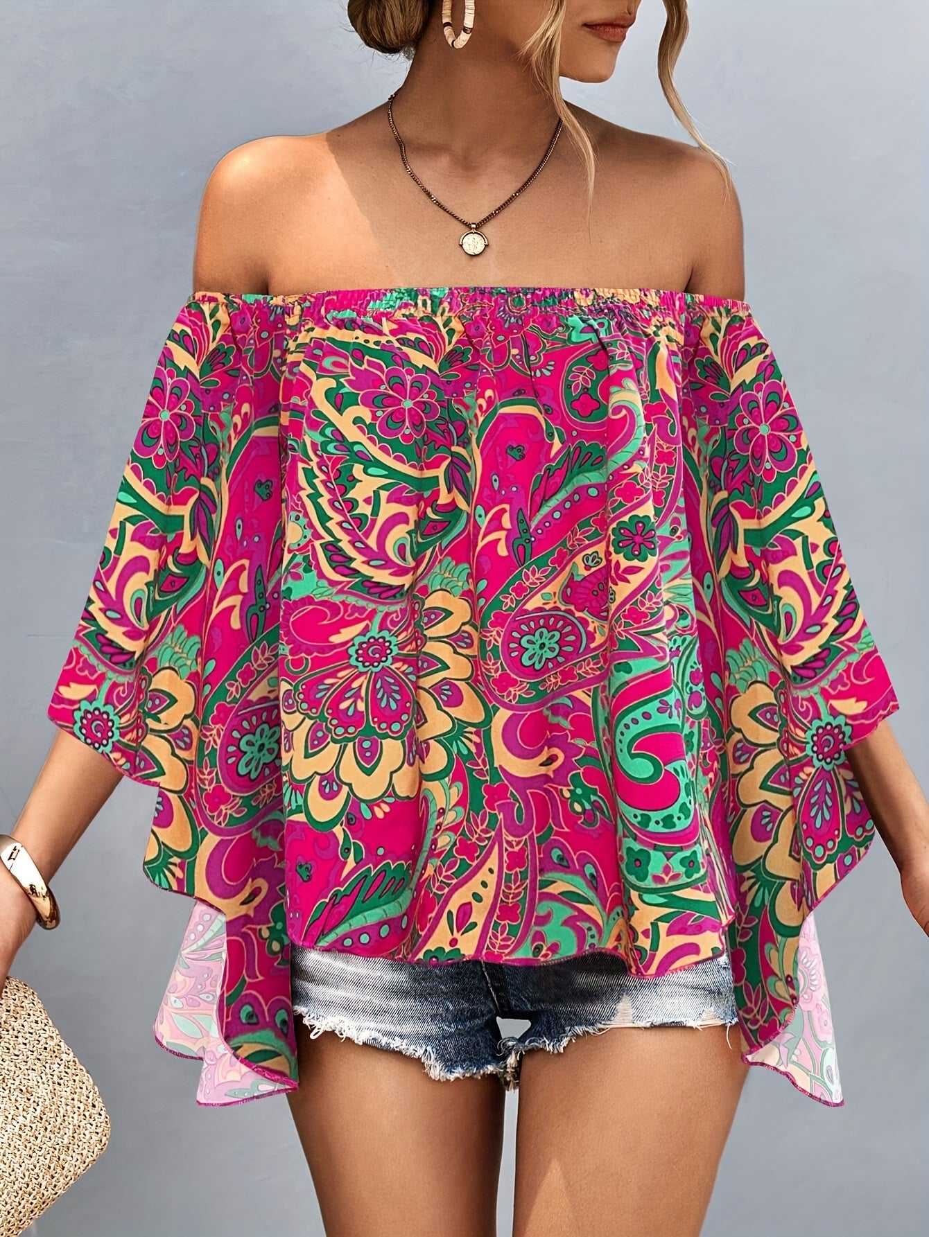 Women'S Off-Shoulder Floral Print Blouse - Vibrant Pink & Green Tropical Design, Ruffled Sleeves, Lightweight Polyester, Perfect for Summer Casual Outings, Ladies Blouses