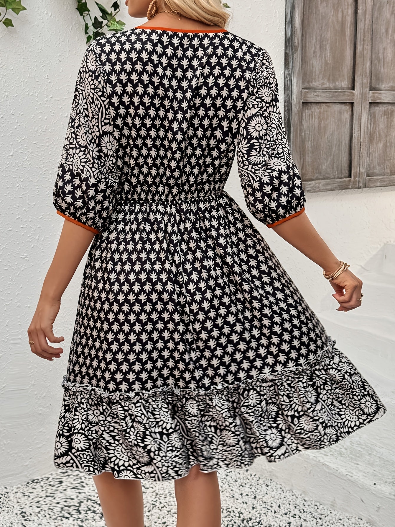 Summer Vacation Casual Mid-Sleeve Printed Pleated Elegant Dress
