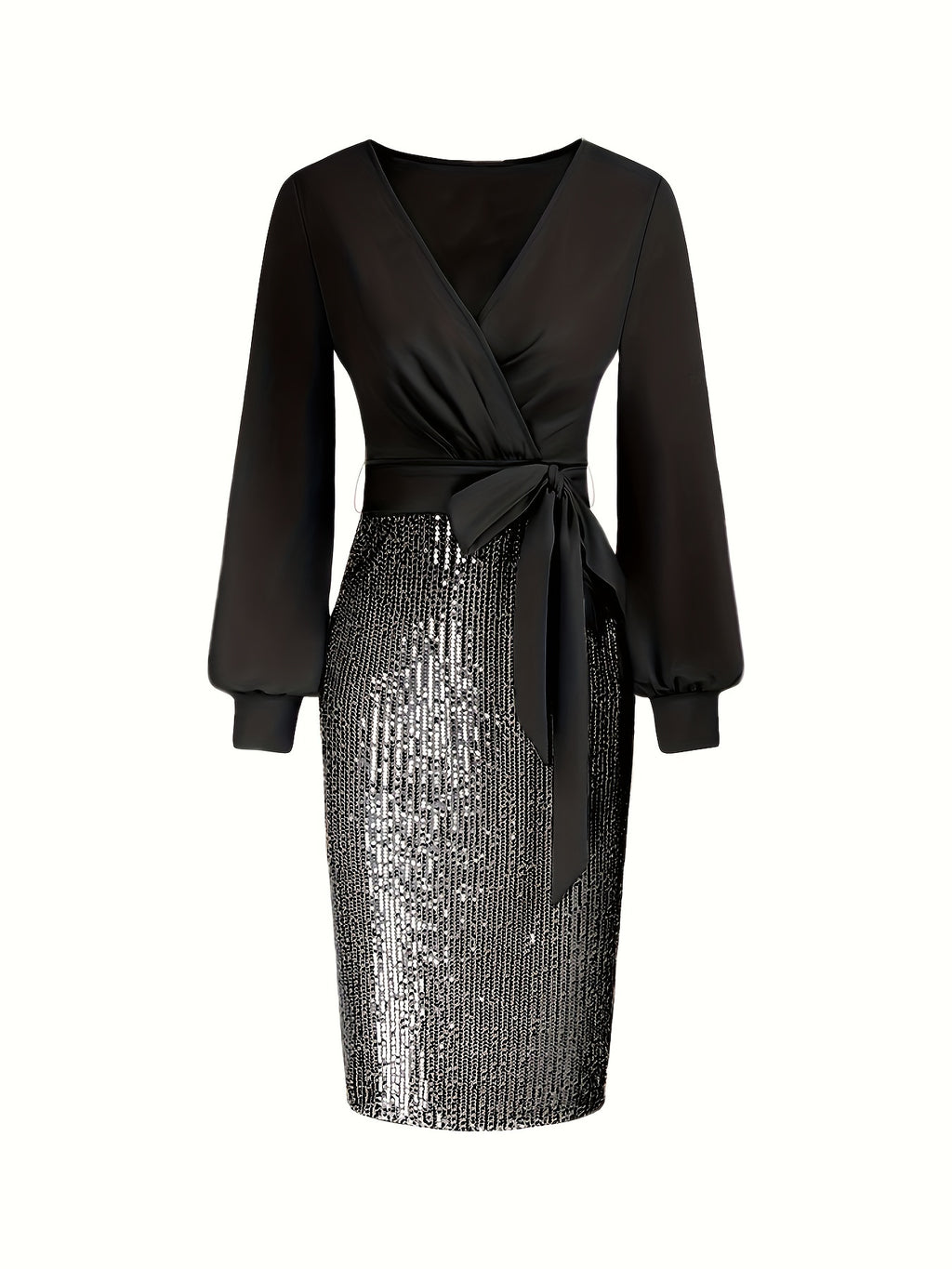 Elegant Black Sequin Bodycon Dress with Deep V-Neck and Long Sleeves - Perfect for Formal Events and Parties, Party Dress | Sequin Embellished Dress | Sleek Fit Dress