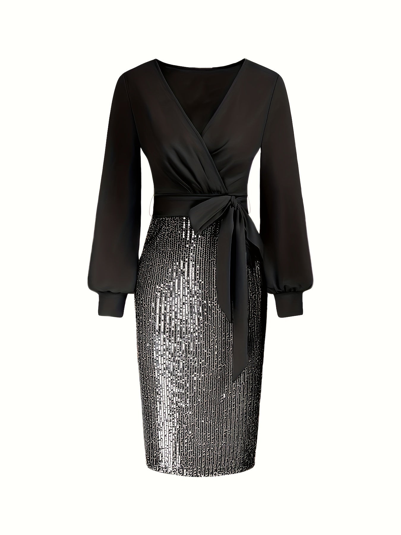 Elegant Black Sequin Bodycon Dress with Deep V-Neck and Long Sleeves - Perfect for Formal Events and Parties, Party Dress | Sequin Embellished Dress | Sleek Fit Dress