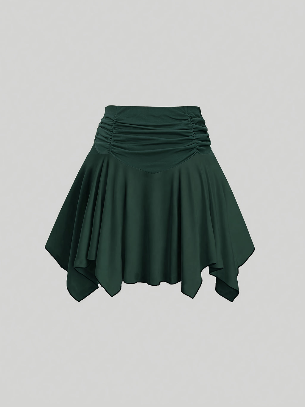 Women's Elegant High-Waist Pleated Mini Skirt with Asymmetrical Hem - Dark Green, A-Line Silhouette, Faux Drawstring Detail, Stretchy & Machine Washable for Spring\u002FSummer, Casual Wear | Smooth Texture