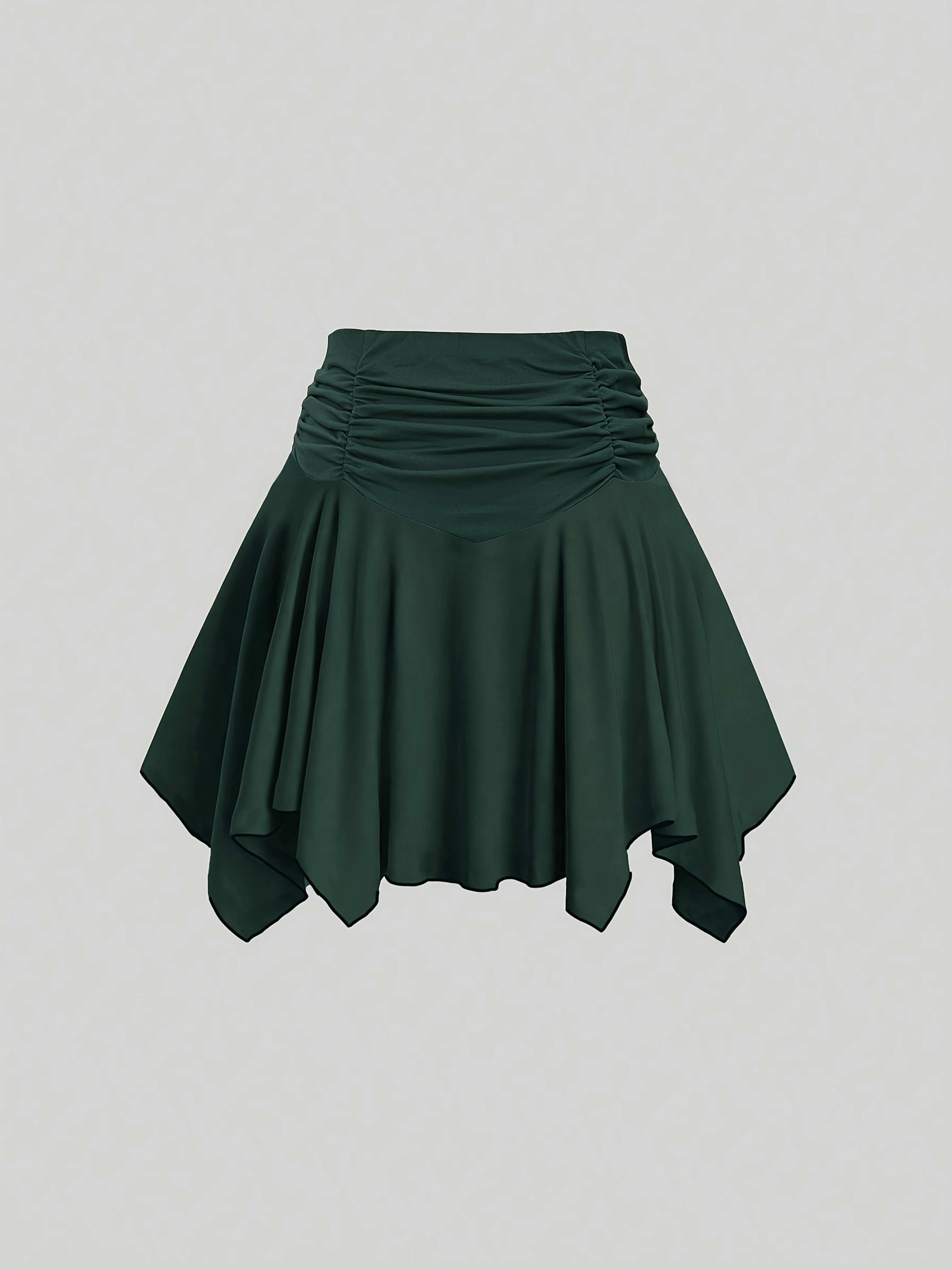 Women's Elegant High-Waist Pleated Mini Skirt with Asymmetrical Hem - Dark Green, A-Line Silhouette, Faux Drawstring Detail, Stretchy & Machine Washable for Spring\u002FSummer, Casual Wear | Smooth Texture