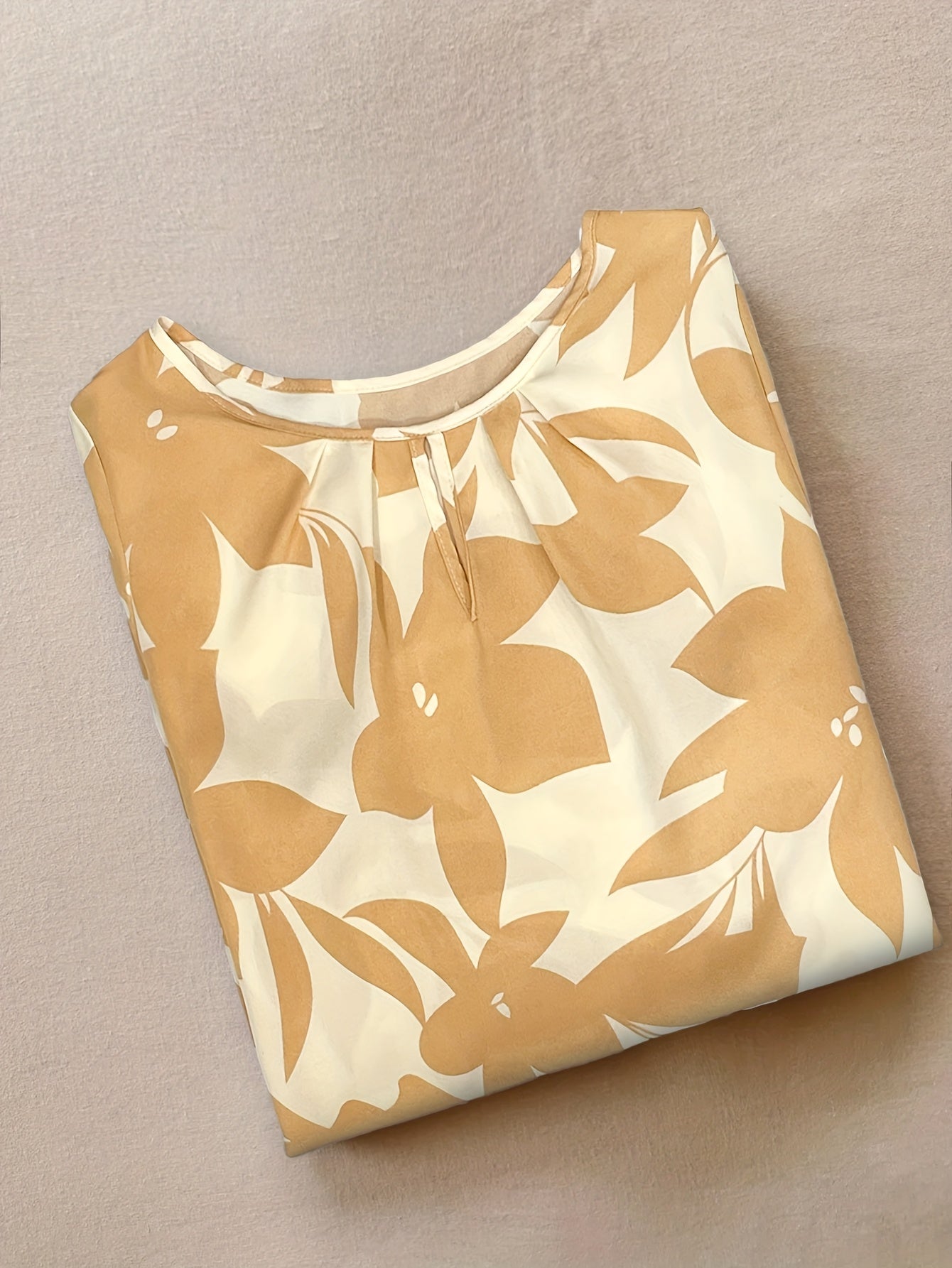 Women'S Casual Floral Print Ruched Bust Crew Neck Short Sleeve Polyester Blouse Top