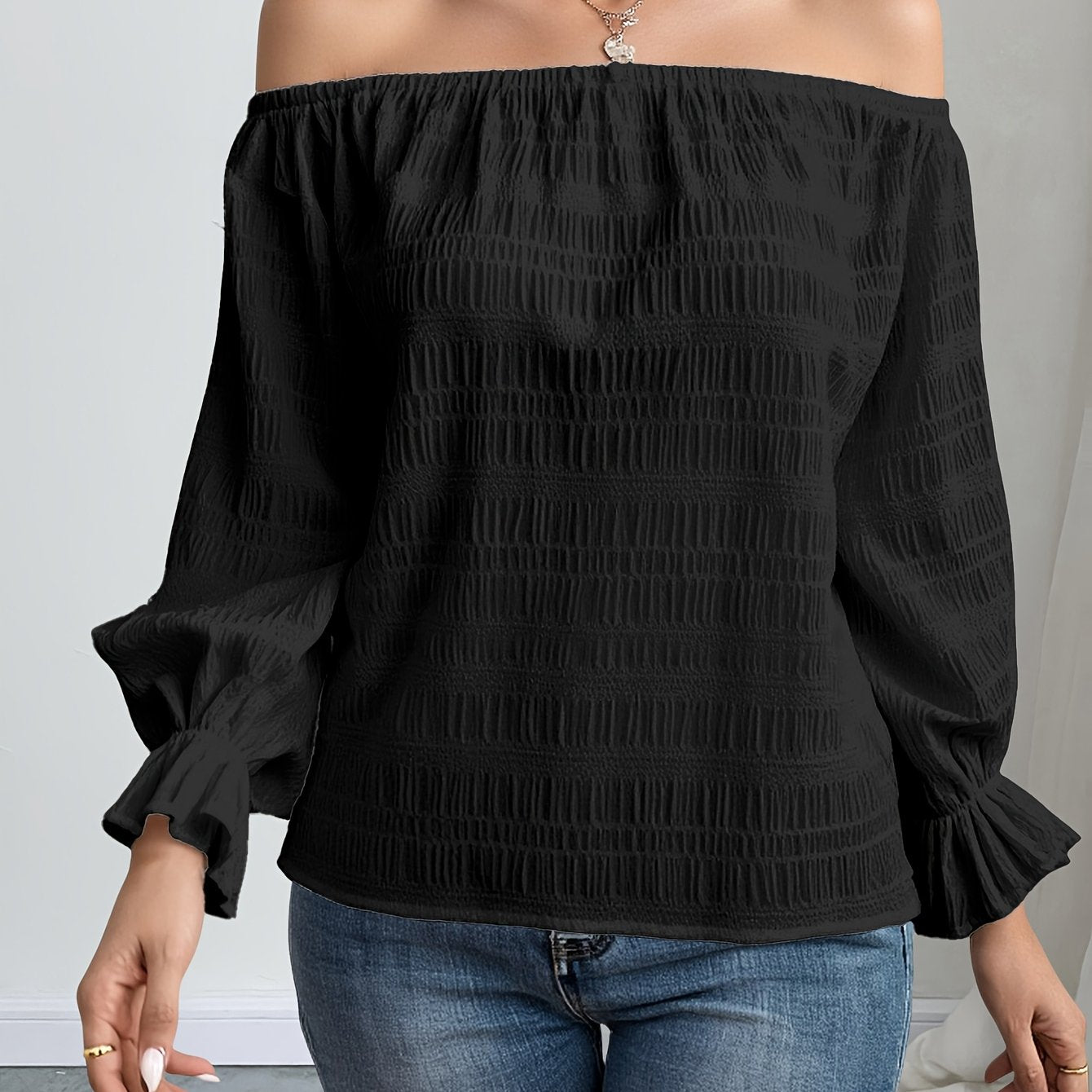 Solid Color Casual Elegant Pleated Off-Shoulder Long Sleeve Shirt Summer Wear
