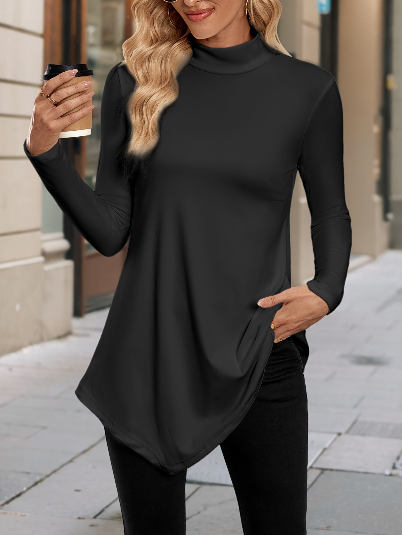 Women's High-Neck Asymmetrical Hem Long Sleeve Top - Stretchy Solid Color Casual Chic Shirt, All-Season Machine Washable & Dry Cleanable, Everyday Fashion, Highneck Design, Stretchy Fabric
