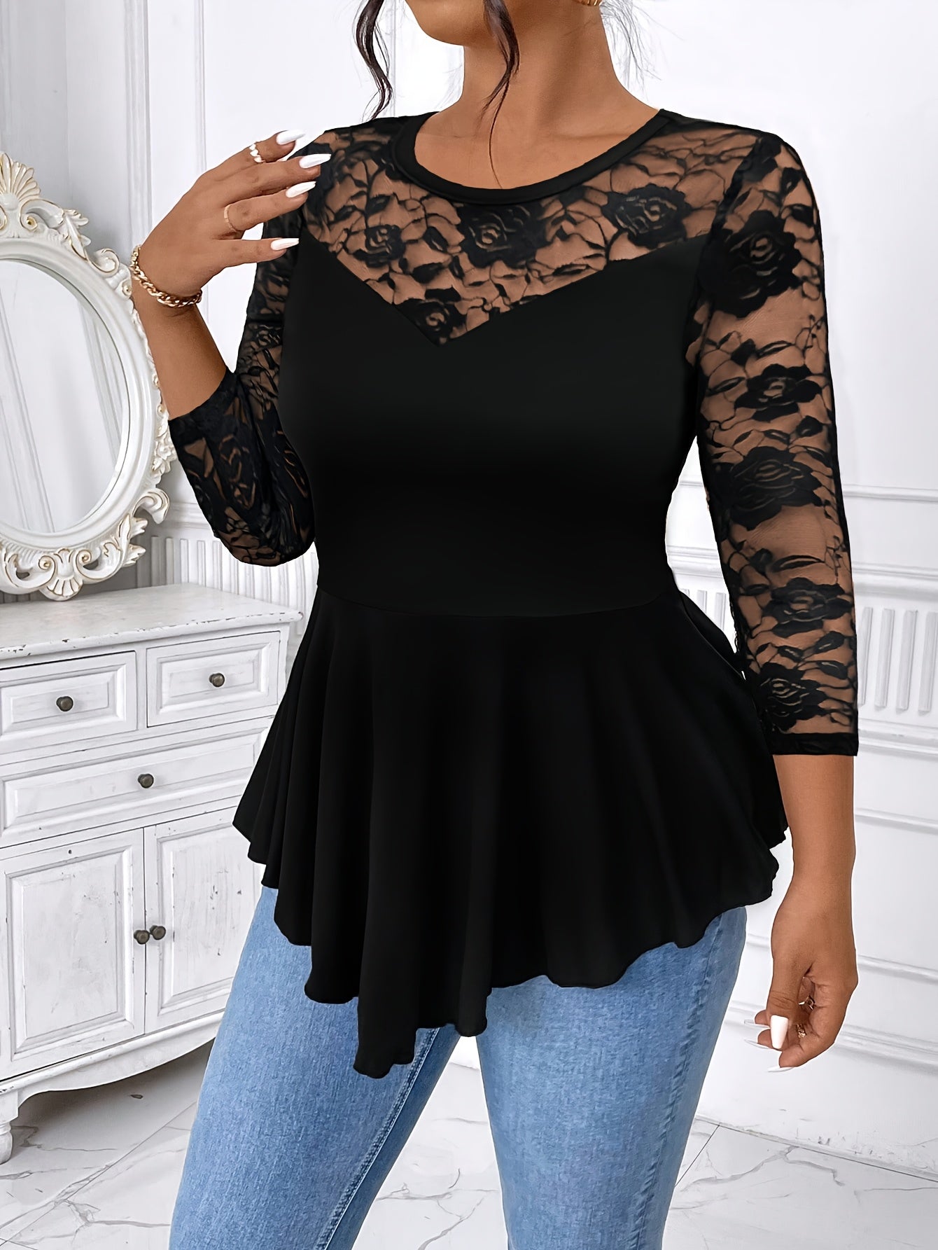 Women'S Irregular Long-Sleeve Top with Floral Lace And a Round Neckline.