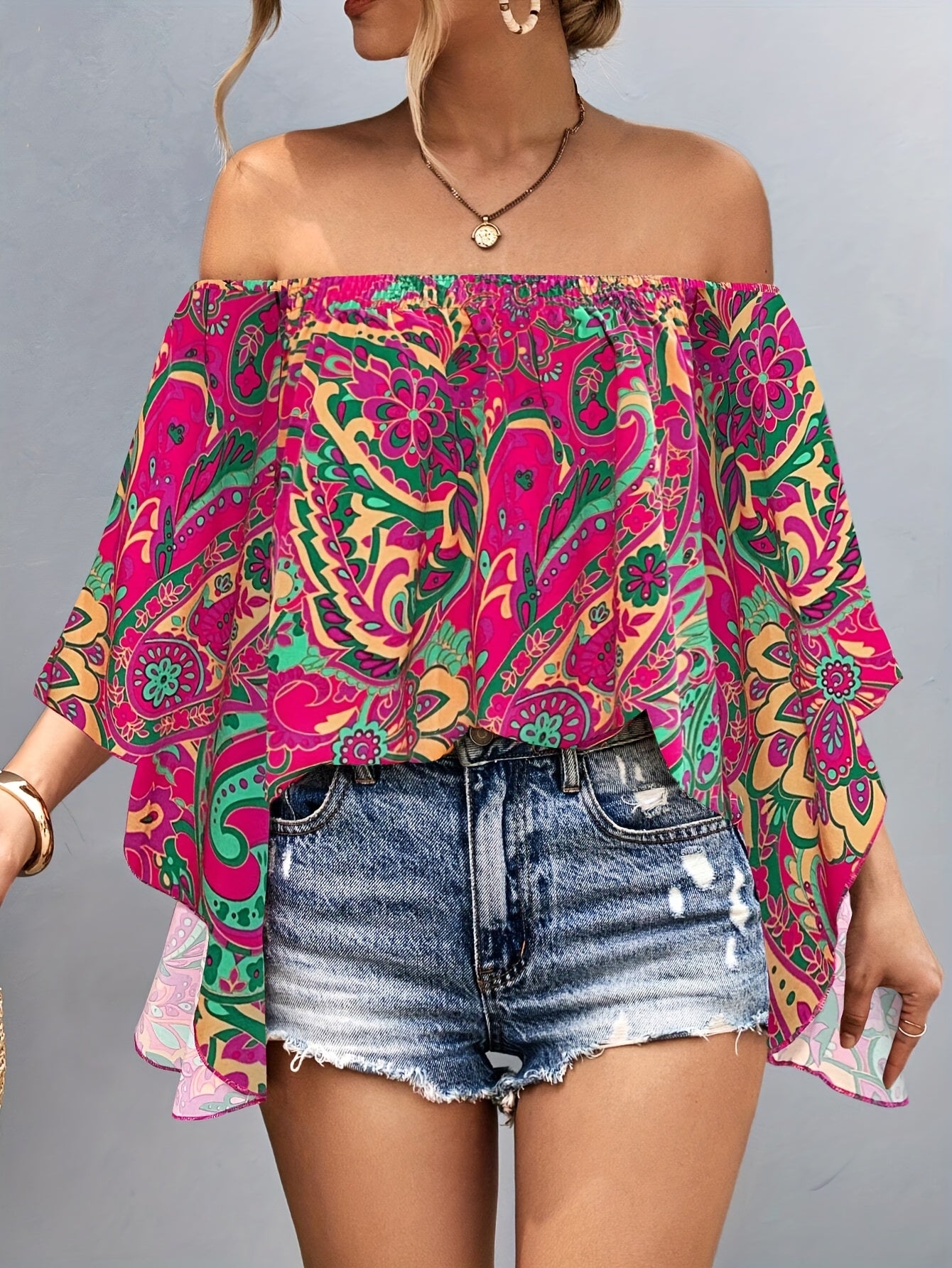 Women'S Off-Shoulder Floral Print Blouse - Vibrant Pink & Green Tropical Design, Ruffled Sleeves, Lightweight Polyester, Perfect for Summer Casual Outings, Ladies Blouses