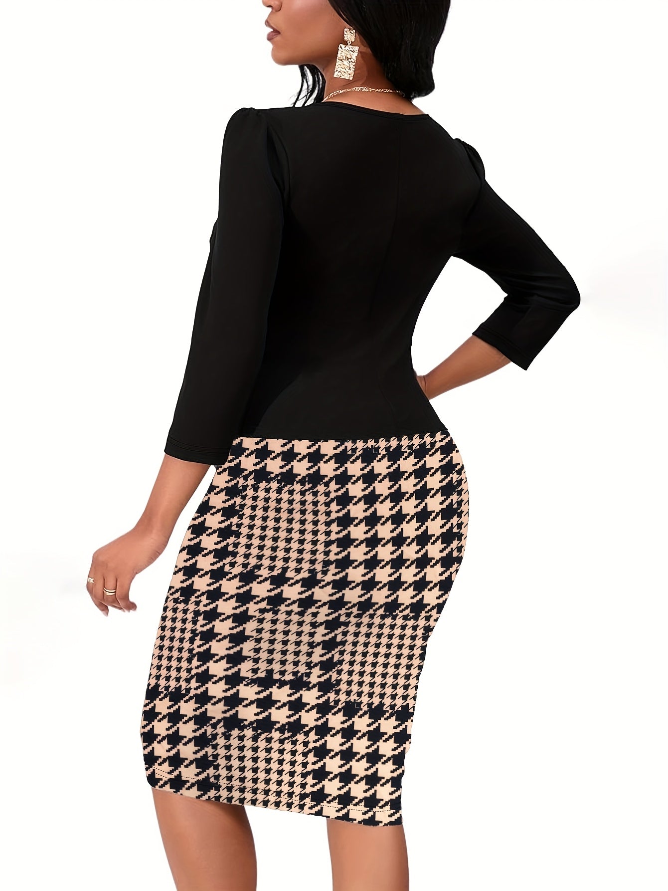 Women's Elegant Houndstooth Print Spliced Dress