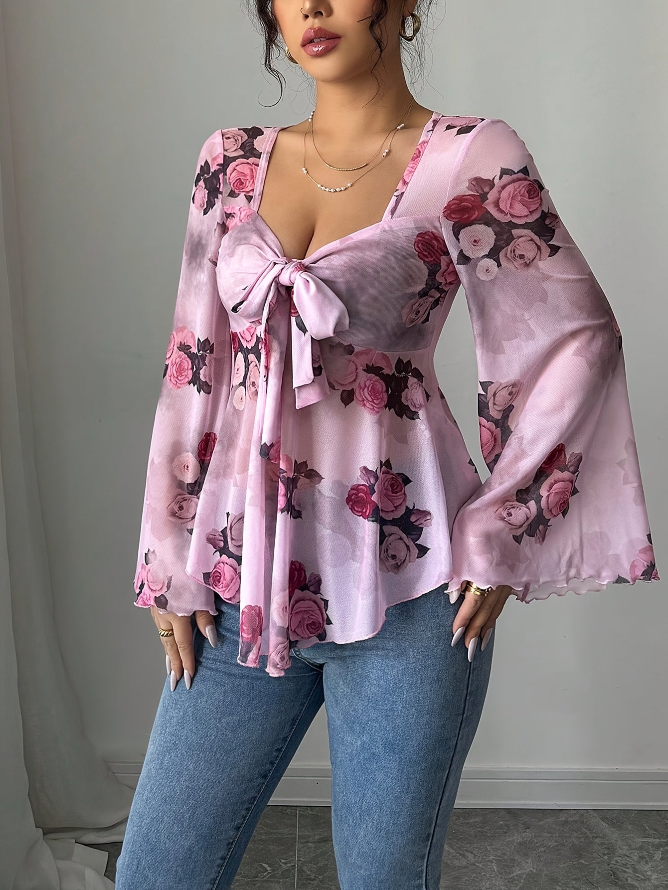 French-Style Casual Sexy Vacation Semi-Sheer Floral Bow Ruffled Long-Sleeve Women'S Top for Summer