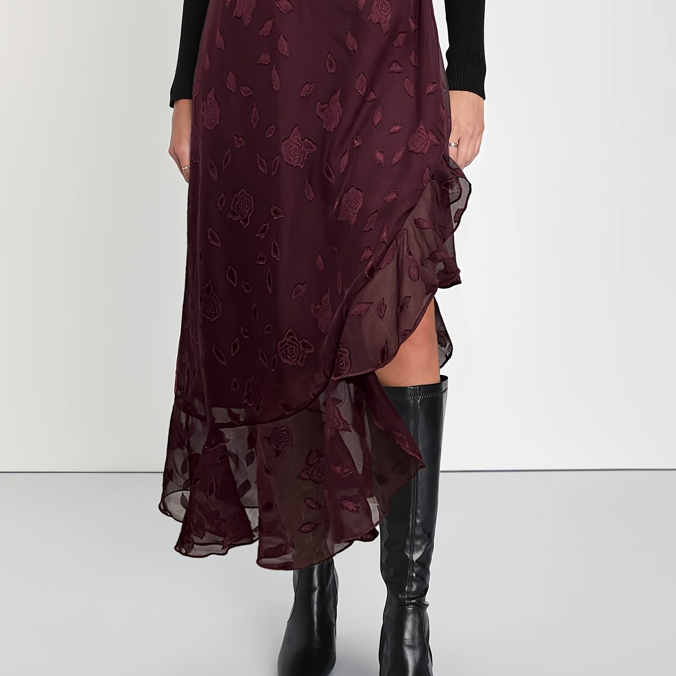 Women'S Elegant Maroon Jacquard Ruffle Hem Skirt - High-Waisted, Flowing A-Line Design, Off-Shoulder Ruffle Detail, Polyester, All-Season Wear, Casual Chic Outfit | Asymmetrical Skirt | Ruffle Hem