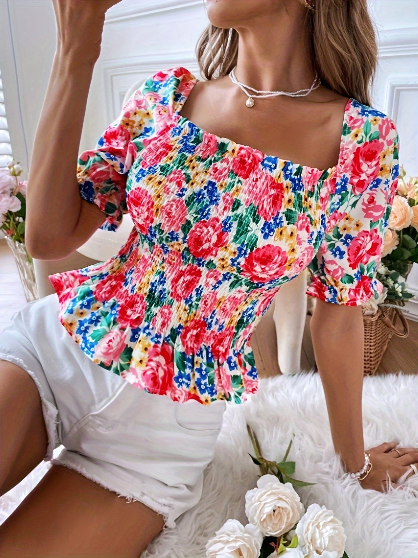Bohemian Floral Print Blouse with Puff Sleeves & Ruffle Detail - Square Neck, Short Sleeve, A-Line Cut, Vibrant Pink, Blue, Yellow, Green Floral Design, Perfect for Casual Outings, Summer Fashion Top, Ruffle Trim, Elegant Appearance