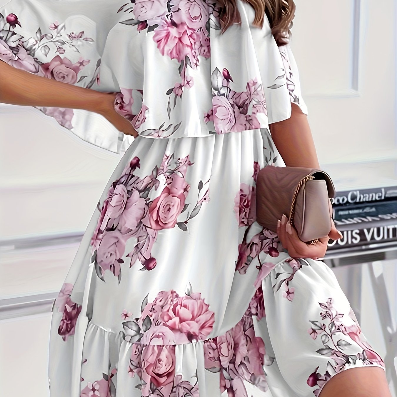 Autumn Sweet Floral Spaghetti Strap One-Shoulder Ruffle Hem Short Chiffon Fairy Dress New Arrival