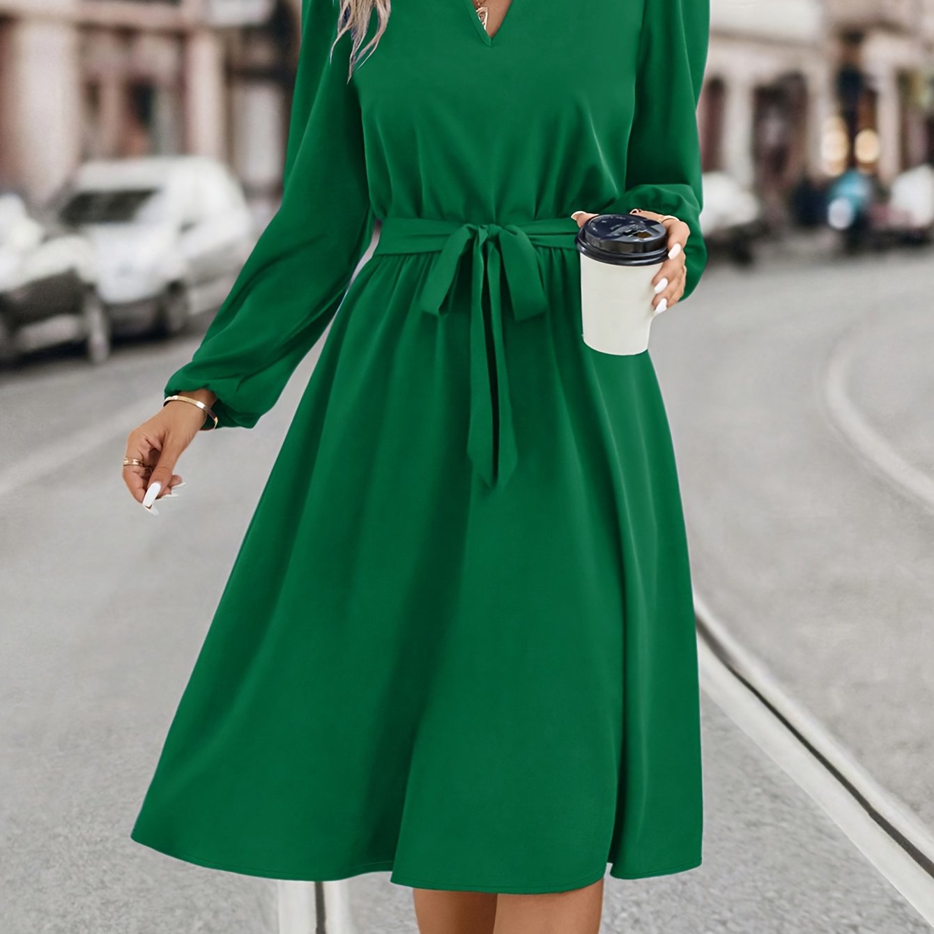 Women's Elegant V-Neck Long Sleeve Dress with Front Bow Detail - A-Line Midi Dress in Vibrant Green, 100% Polyester, Machine Washable, All-Season Versatile Wear