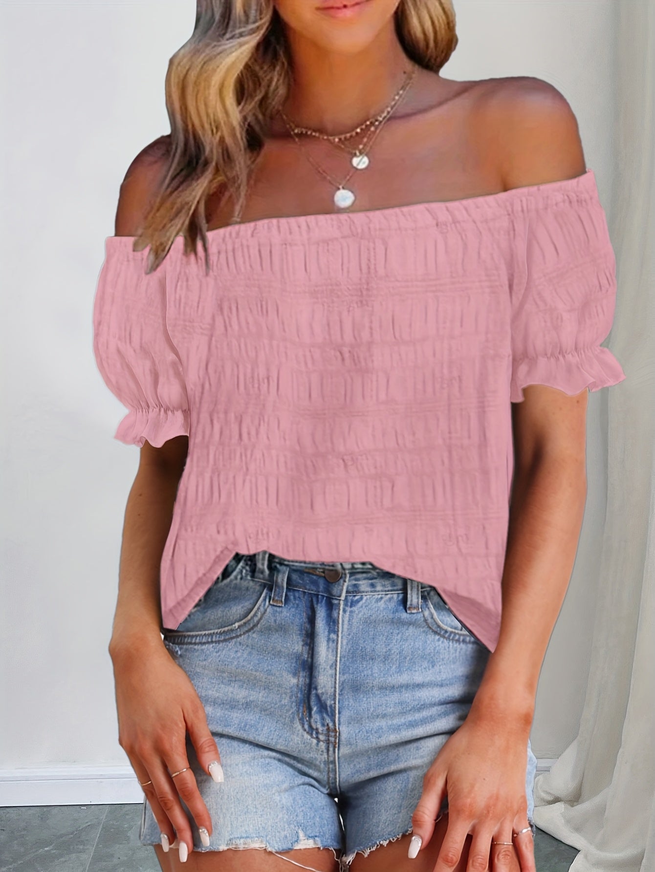 French Elegant Women's Casual Pleated Off-the-Shoulder Short Sleeve Top Summer Dress